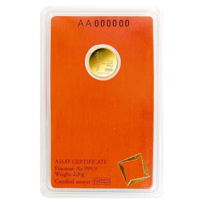 2.5 gram Gold Round Valcambi Suisse .9999 Fine (In Assay)
