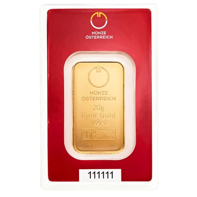 20 gram Austrian Mint Gold Bar .9999 Fine (In Assay)
