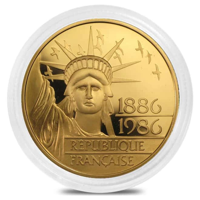1986 France 100 Francs Statue of Liberty Proof Gold Coin AGW .5 oz (w/Box & COA)