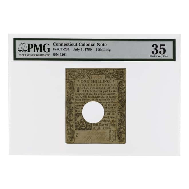 July 1 1780 1 Shilling Connecticut Colonial Currency Note PMG VF 35