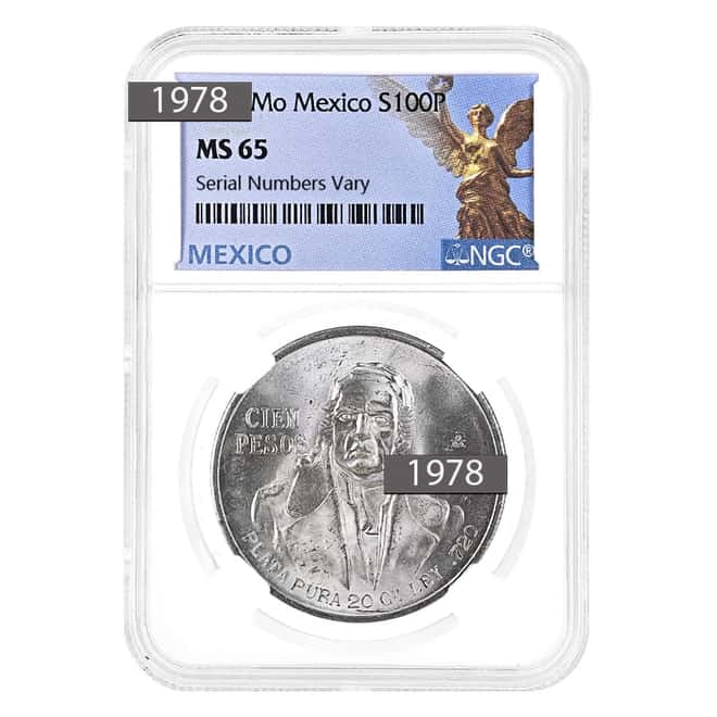 1977-1979 Mexico 100 Pesos Silver Coin NGC MS 65 (Random Year)