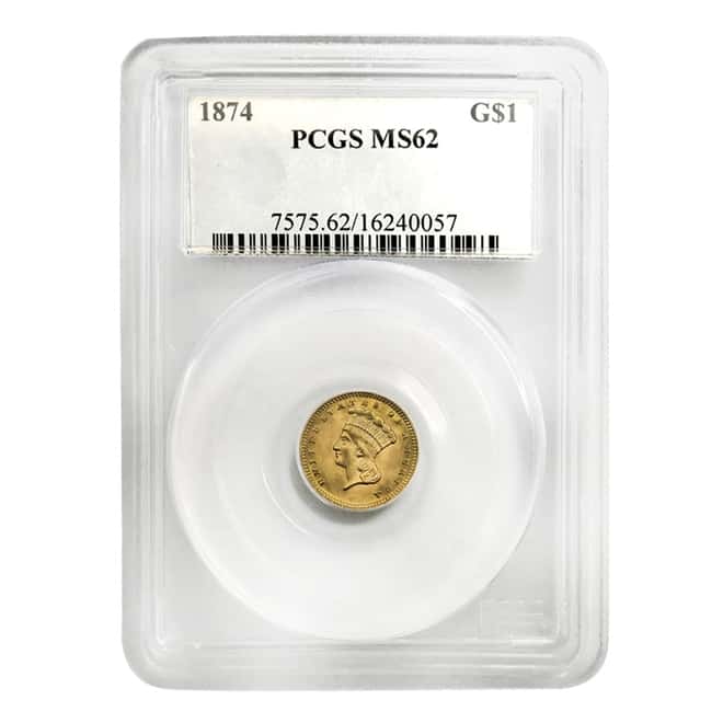 1874 $1 Gold Indian Princess Head Type 3 PCGS MS 62