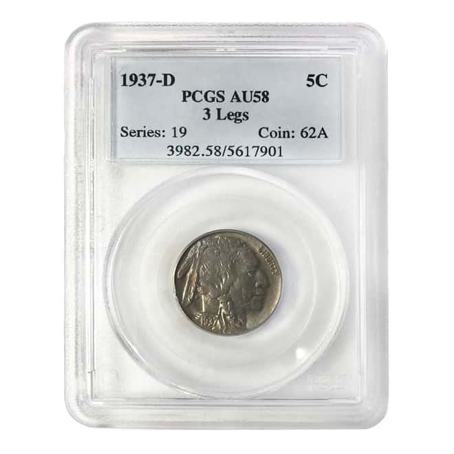 1937 D 3 Legs Buffalo Nickel PCGS AU 58
