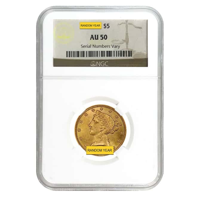 $5 Gold Half Eagle Liberty Head NGC AU 50 (Random Year)