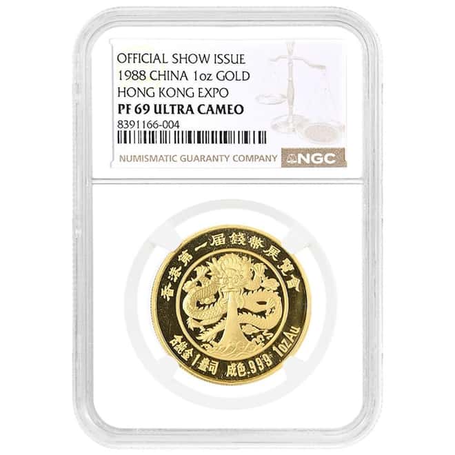 1988 1 oz Chinese Proof Gold Panda 1st Hong Kong Coin Expo Medal NGC PF 69 UCAM