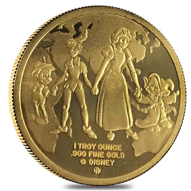 Rarities Mint 1 oz Proof Gold Disney Around The World Peter Pan and Snow White Round (In Cap)