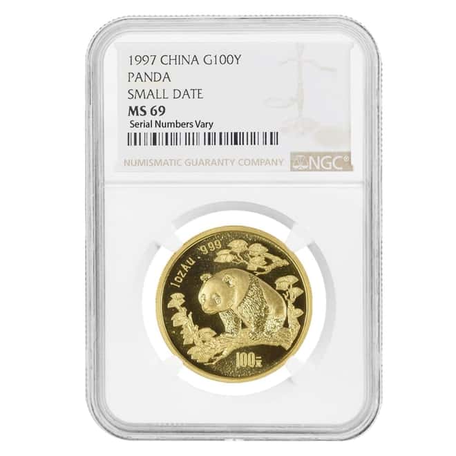 1997 1 oz Chinese Gold Panda 100 Yuan Small Date NGC MS 69