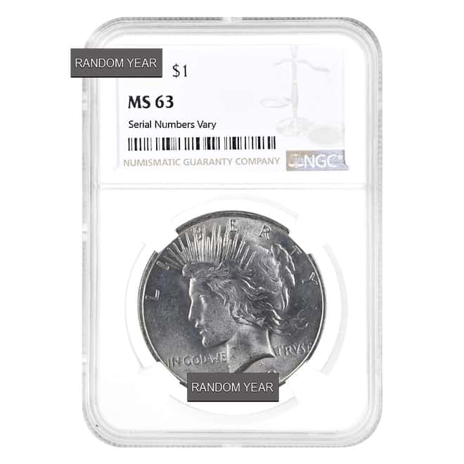 Peace Silver Dollar $1 NGC MS 63 (Random Year, 1922-1935)