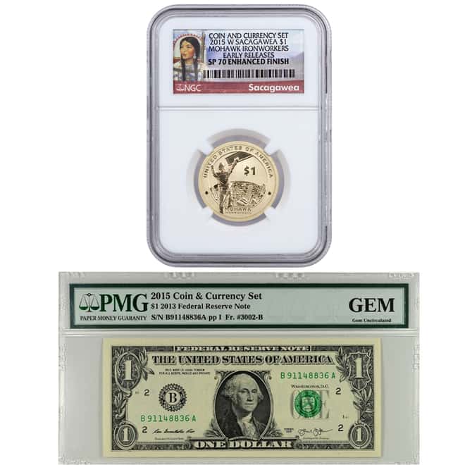 2015 W $1 Coin & Currency Set - Sacagawea Mohawk Ironworkers NGC SP 70 ER W/ GEM Uncirculated Banknot