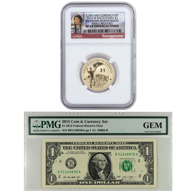 2015 W $1 Coin & Currency Set - Sacagawea Mohawk Ironworkers NGC SP 69 ER W/ GEM Uncirculated Banknot