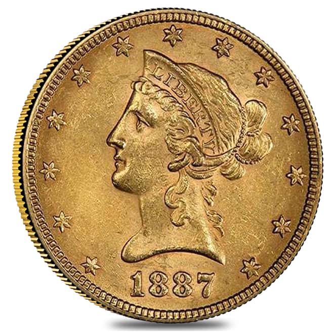 1887 $10 Gold Liberty Head Eagle Coin PCGS AU 58