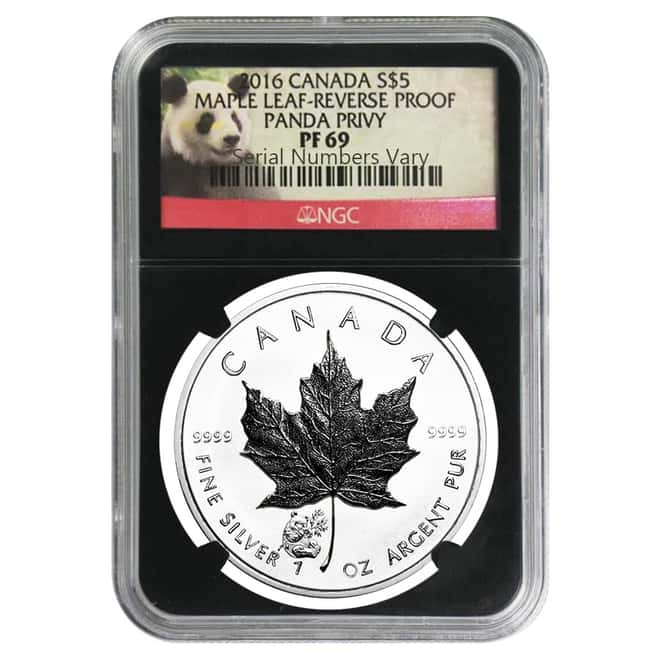 Z:\Kate\Images for the web site\Silver\Silver Coins\Certified\maples\2016 1 oz Silver Canadian Maple Leaf Panda Privy Reverse Proof NGC PF 69 Retro Holder