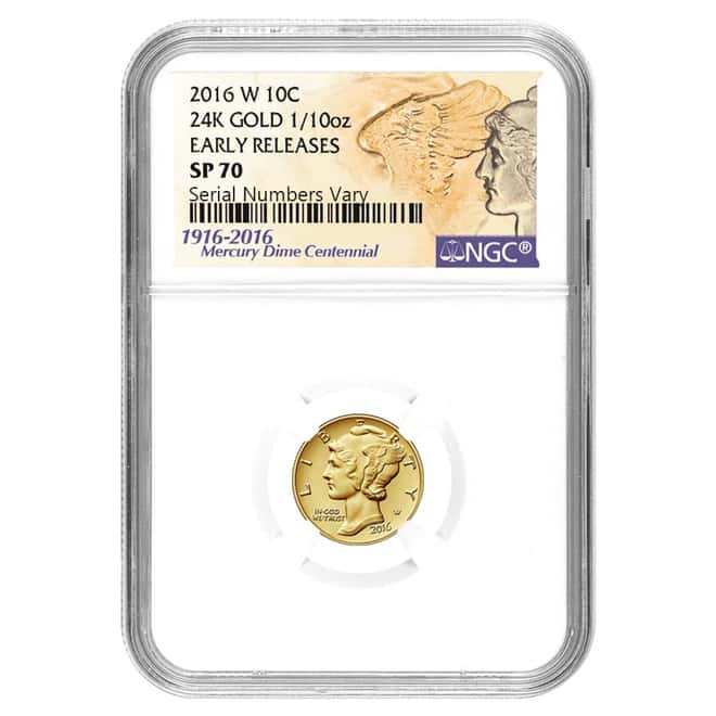 2016 1/10 oz Mercury Dime Centennial Gold Coin NGC SP 70 ER (W/Box & COA)