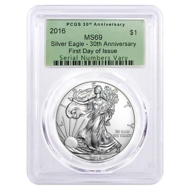 2016 1 oz Silver American Eagle $1 Coin PCGS MS 69 OGH First Day of Issue - 30th Anniversary