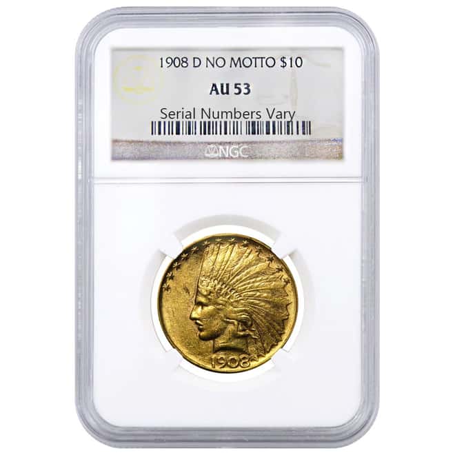 1908 D $10 Indian Head Gold Eagle Coin No Motto NGC AU 53