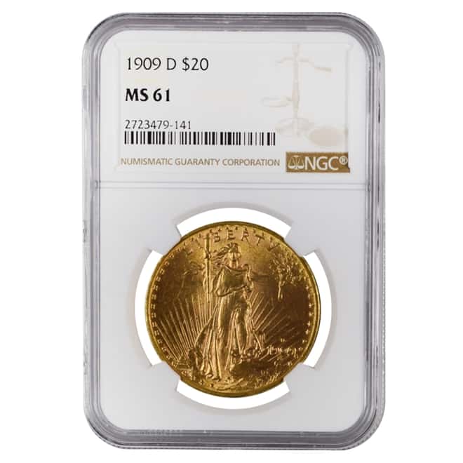 1909 D $20 Gold Saint Gaudens Double Eagle Coin NGC MS 61
