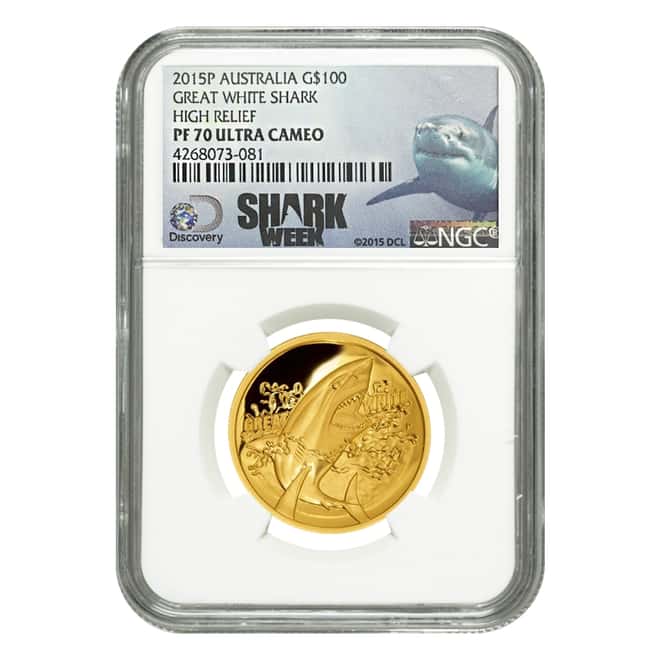2015 1 oz Gold Australian Great White Shark NGC PF 70 UCAM Perth Mint High Relief Coin (w/Box & COA)
