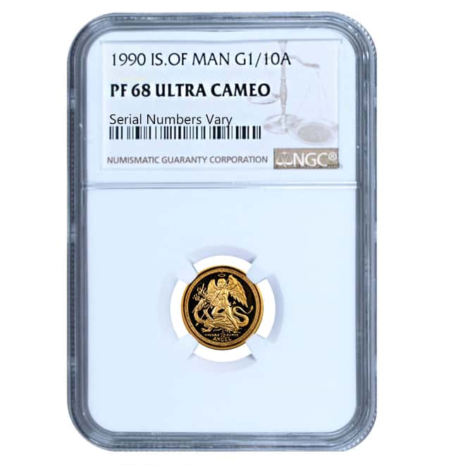 1990 Isle of Man 1/10 oz Gold Angel NGC PF 68