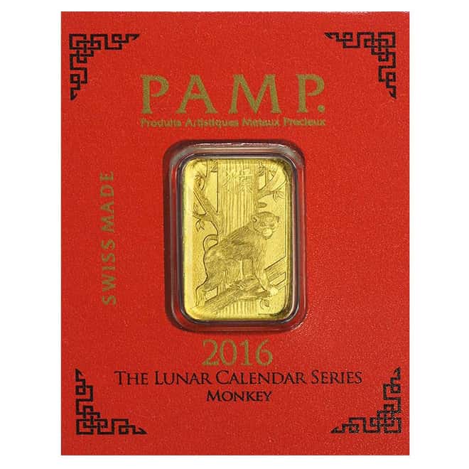 1 gram Gold Bar - PAMP Suisse Lunar Monkey .9999 Fine (In Assay from Multigram+8)