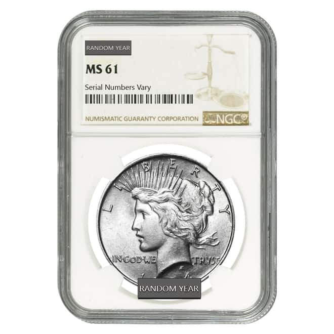 Peace Silver Dollar $1 NGC MS 61 (Random Year, 1922-1935)