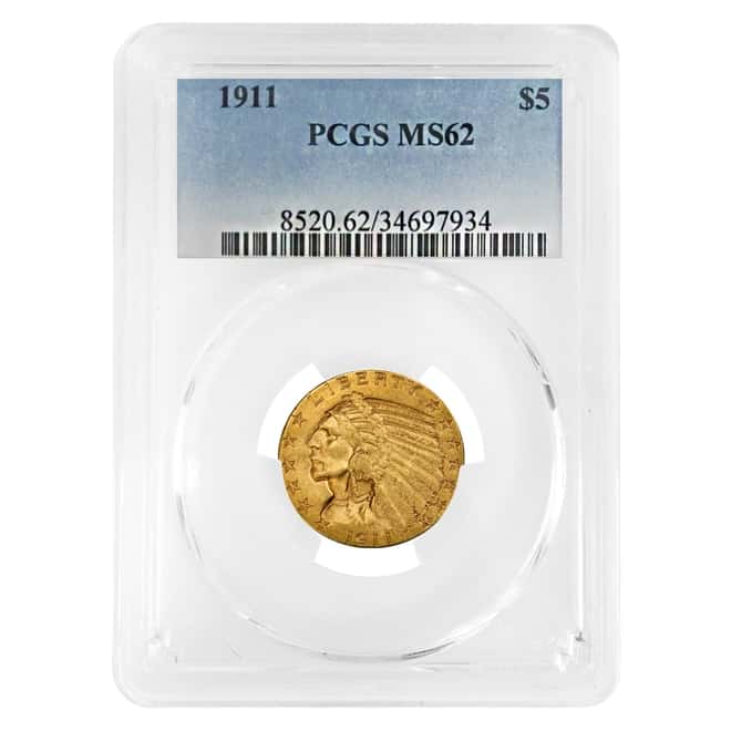 1911 $5 Indian Head Half Eagle Gold Coin PCGS MS 62