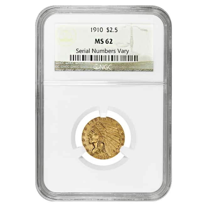 1910 $2.5 Indian Head Quarter Eagle Gold Coin NGC MS 62