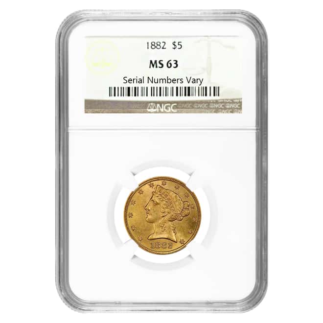 1882 $5 Liberty Head Half Eagle Gold Coin NGC MS 63