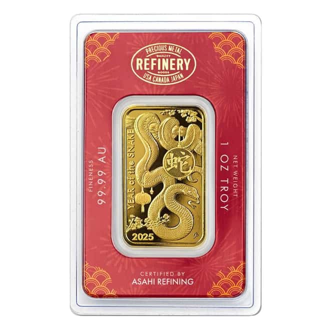 2025 1 oz Asahi Lunar Snake Gold Bar .9999 Fine (in Assay)