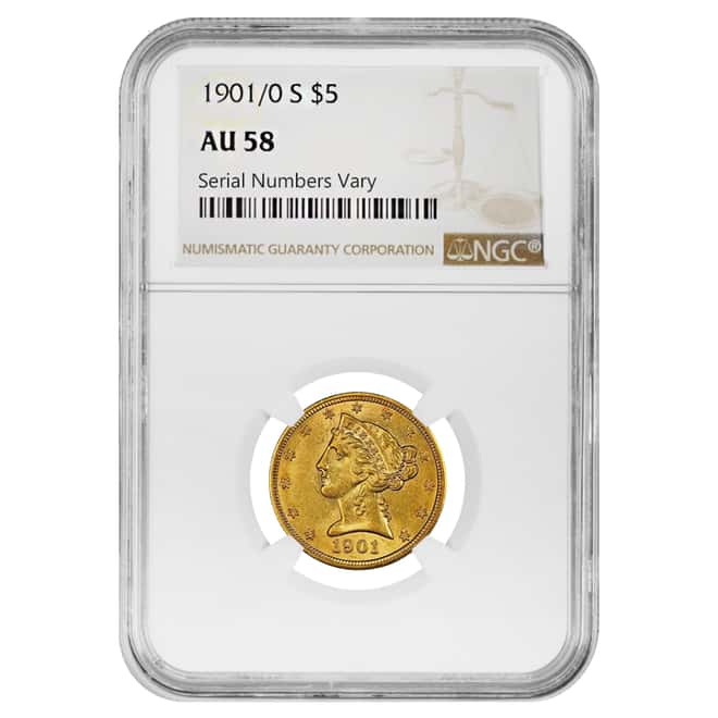 1901/0 S $5 Liberty Head Half Eagle Gold Coin NGC AU 58