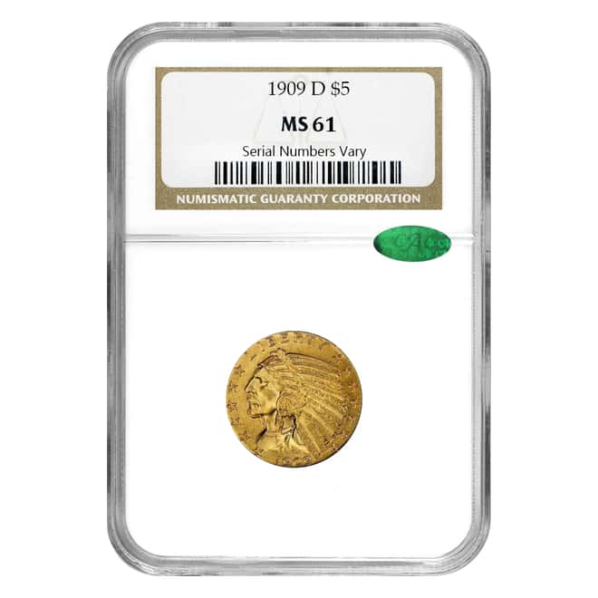 1909 D $5 Gold Half Eagle Indian Head NGC MS 61
