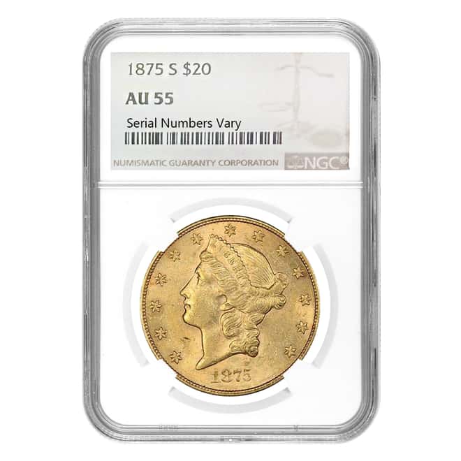 1875 S $20 Liberty Head Double Eagle Gold Coin NGC AU 55