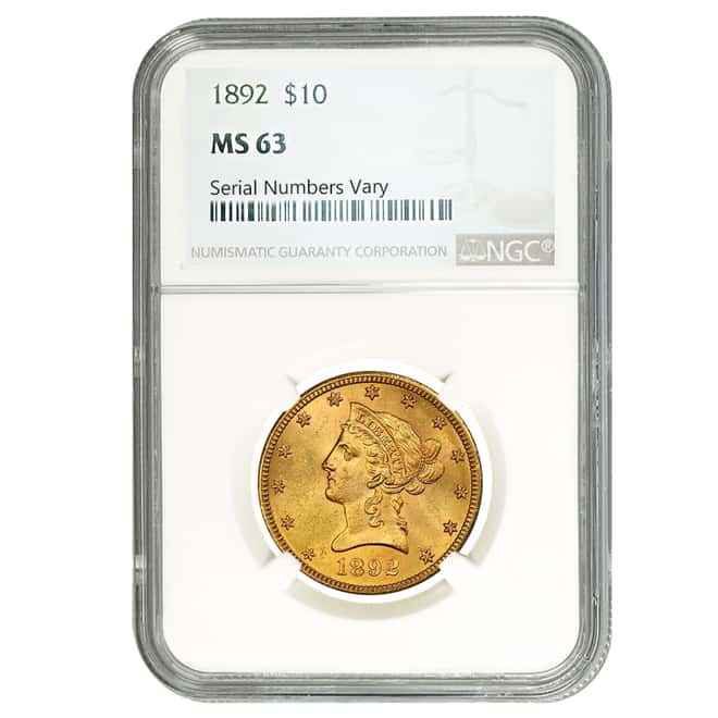 1892 $10 Gold Liberty Head Eagle Coin NGC MS 63