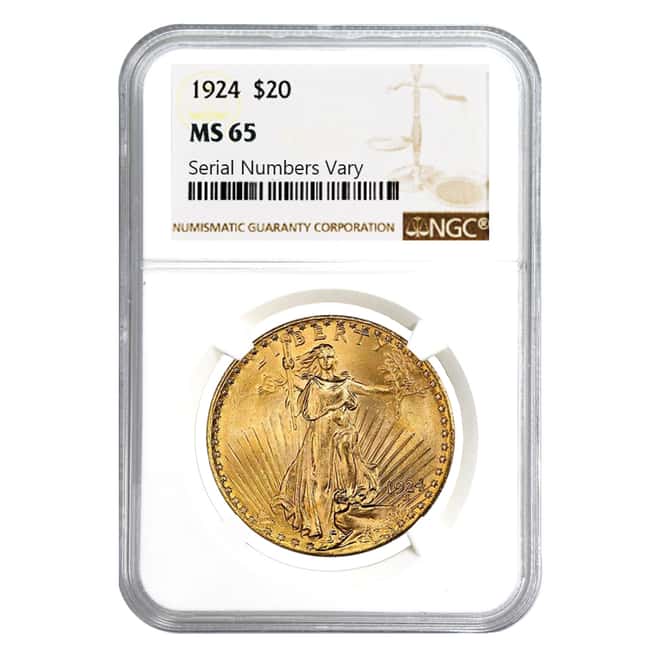 1924 $20 Gold St. Gaudens Double Eagle Coin NGC MS 65