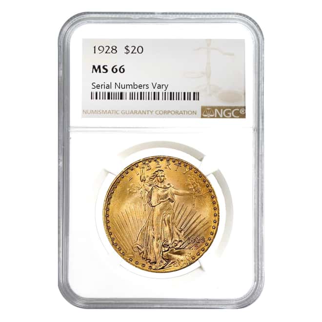 1928 $20 Gold St. Gaudens Double Eagle Coin NGC MS 66