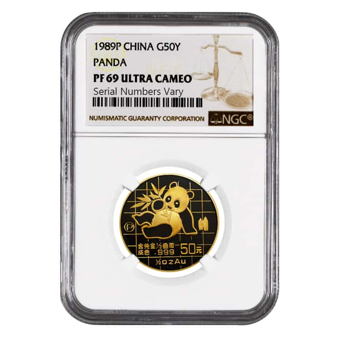 1989 P 1/2 oz Gold China Panda 50 Yuan NGC PF 69 UCAM