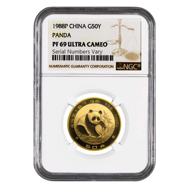 1988 P 1/2 oz Gold China Panda 50 Yuan NGC PF 69 UCAM