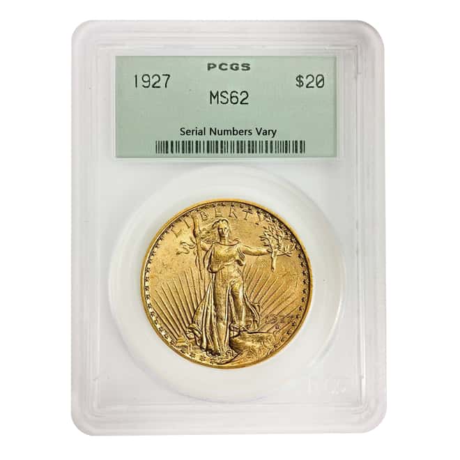 1927 $20 Gold Saint Gaudens Double Eagle Coin PCGS MS 62