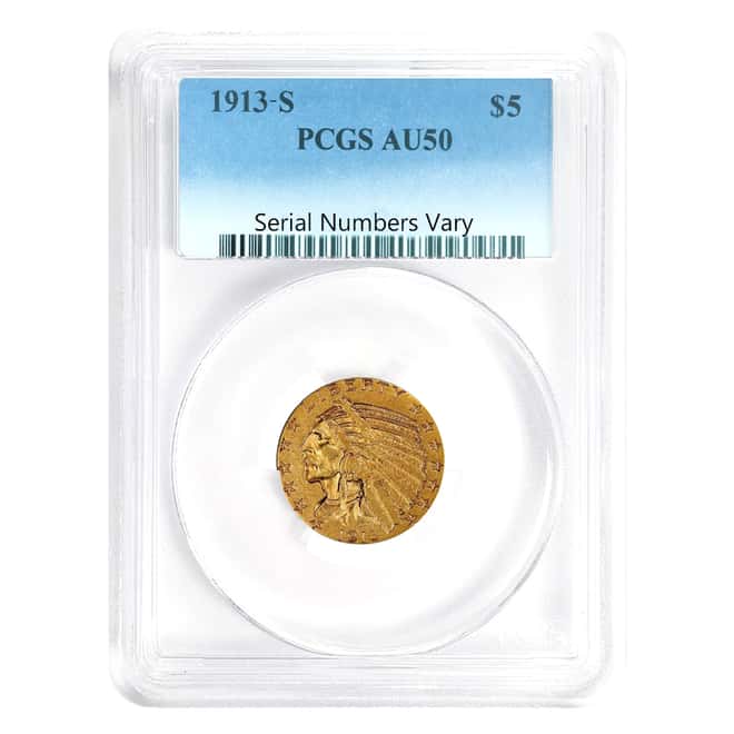 1913 S $5 Gold Half Eagle Indian Head PCGS AU 50