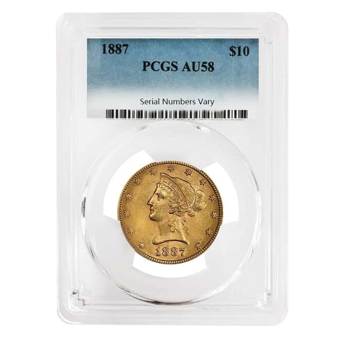 1887 $10 Gold Liberty Head Eagle Coin PCGS AU 58