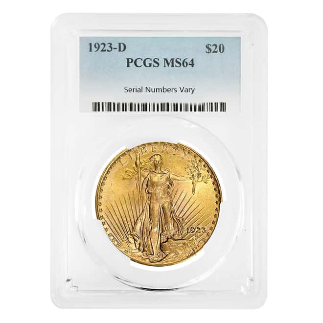 1923-D $20 Gold Saint Gaudens Double Eagle Coin PCGS MS 64 