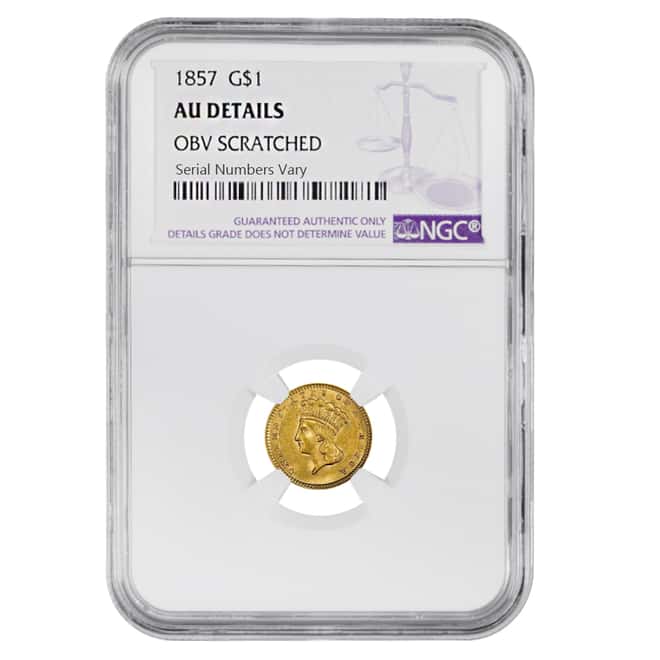 1857 $1 Gold Indian Princess Head Type 3 NGC AU Details