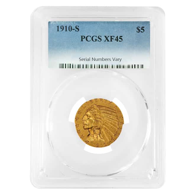 1910 S $5 Gold Half Eagle Indian Head PCGS XF 45
