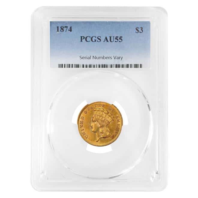 1874 $3 Gold Indian Princess Head PCGS AU 55