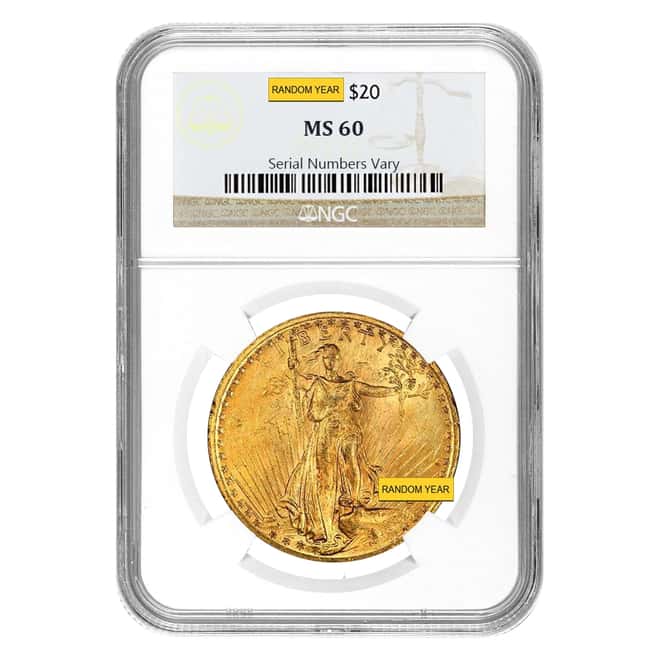 $20 Gold Double Eagle Saint Gaudens NGC MS 60 (Random Year)