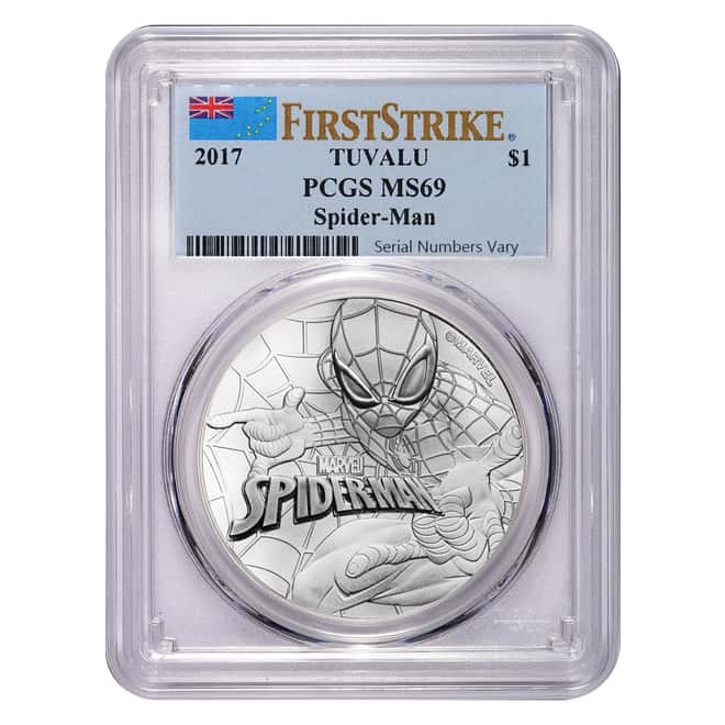 2017 1 oz Tuvalu Spiderman Marvel Series Silver Coin PCGS MS 69 First Strike (Flag Label) 