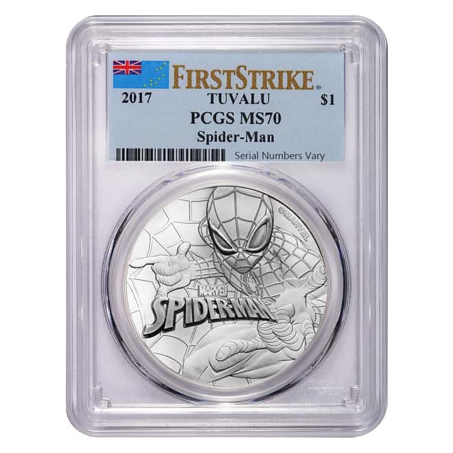 2017 1 oz Tuvalu Spiderman Marvel Series Silver Coin PCGS MS 70 First Strike (Flag Label)