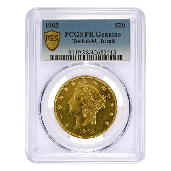 1903 $20 Liberty Head Double Eagle Proof Gold Coin PCGS PF Genuine AU Detail
