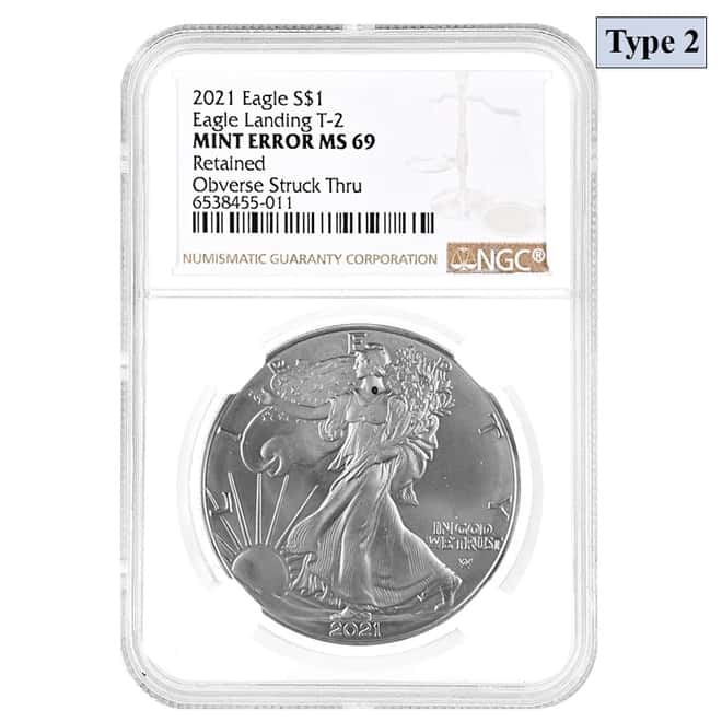 2021 1 oz Silver American Eagle Type 2 NGC MS 69 Mint Error (Retained, Obv Struck Thru)