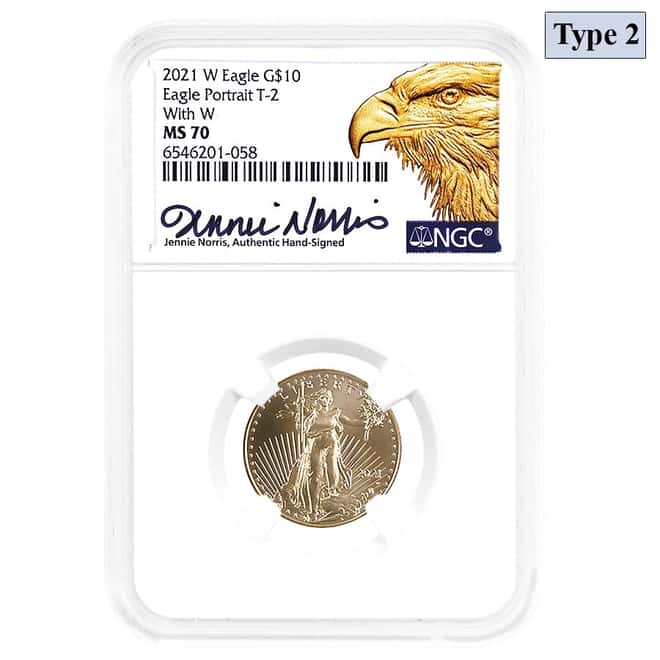 2021-W 1/4 oz Gold Eagle Type 2 With W NGC MS 70 (Norris Sign)