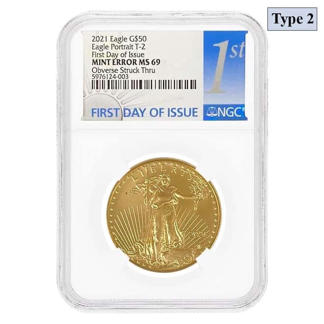 2021 1 oz Gold American Eagle Type 2 NGC MS 69 FDOI Mint Error (Obv Struck Thru)